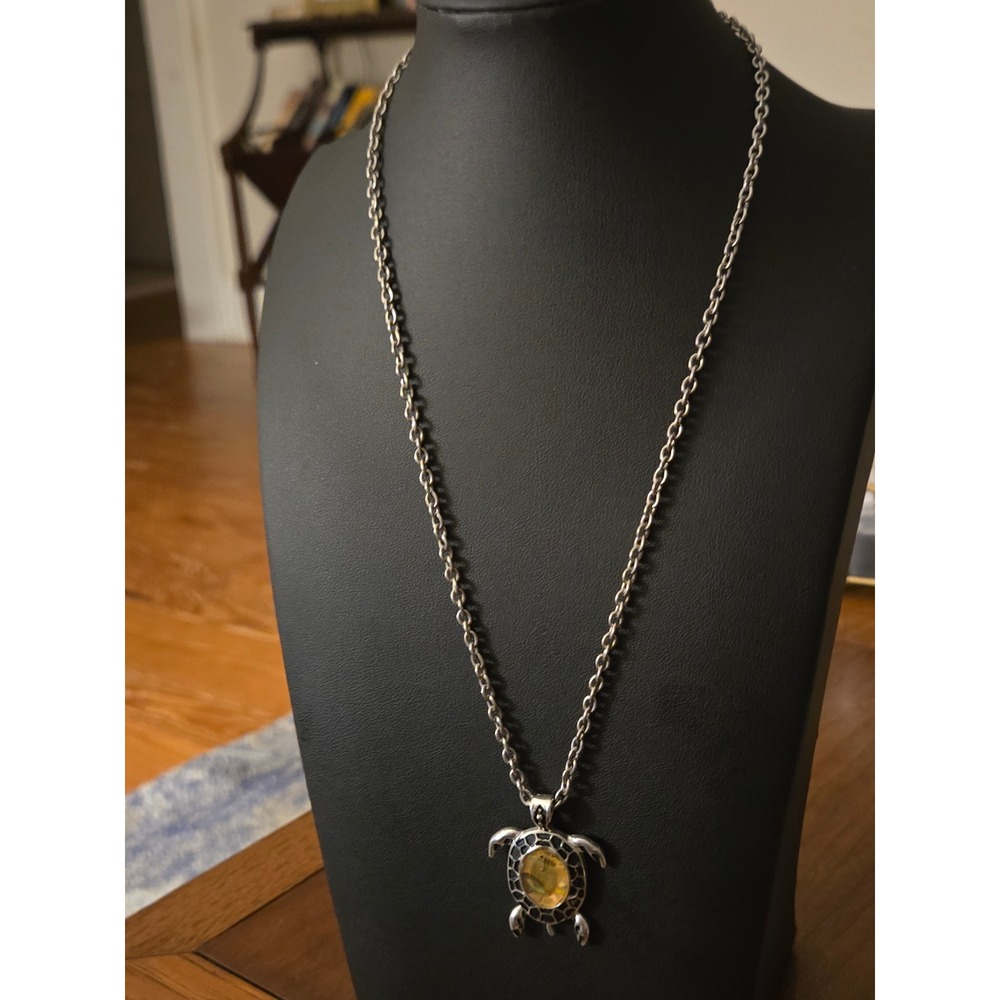 Silvertone Abalone Turtle Necklace Vintage 20in